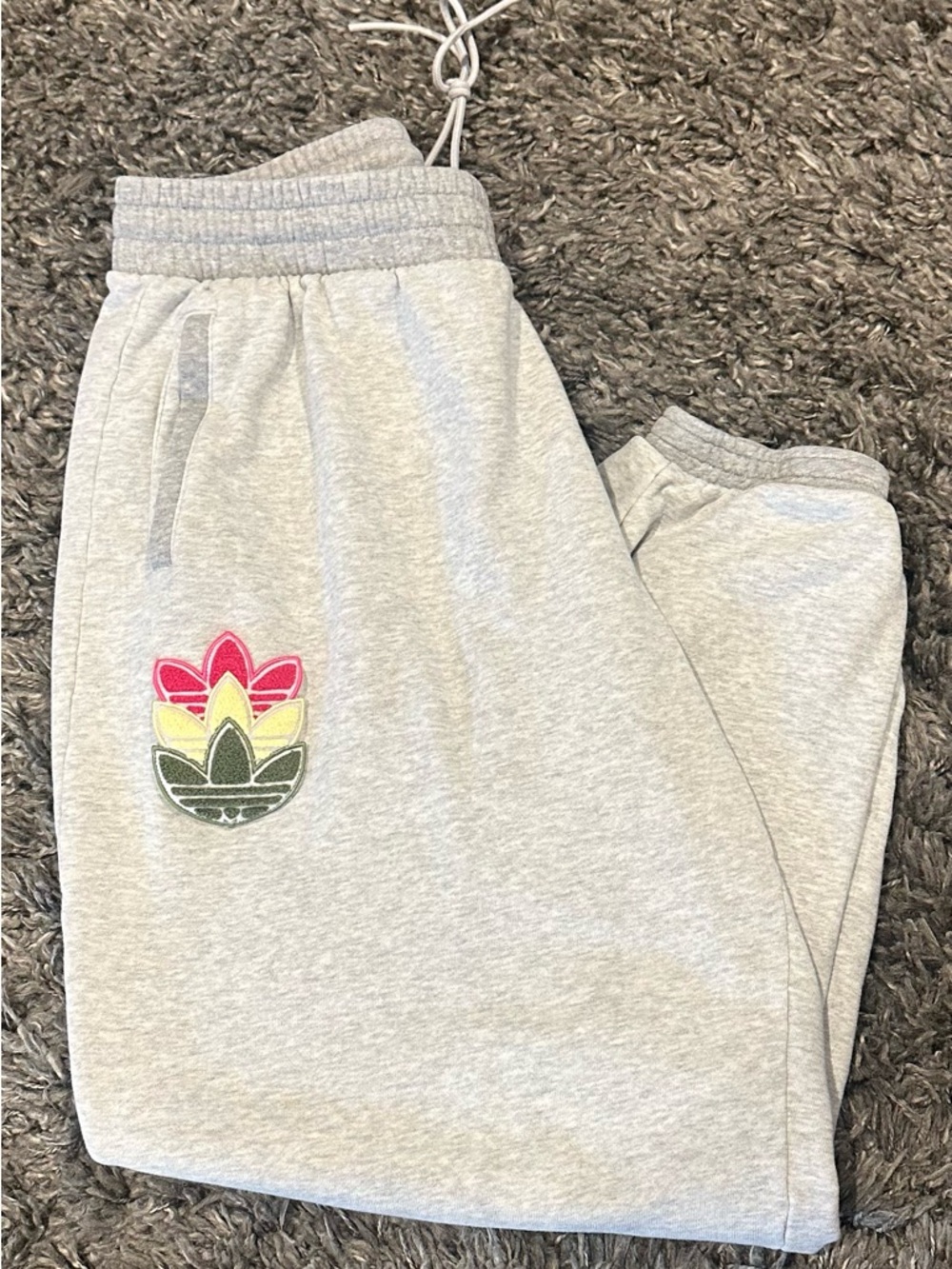 Adidas Grey Sweatpants with Pink Yellow and Green textured logos